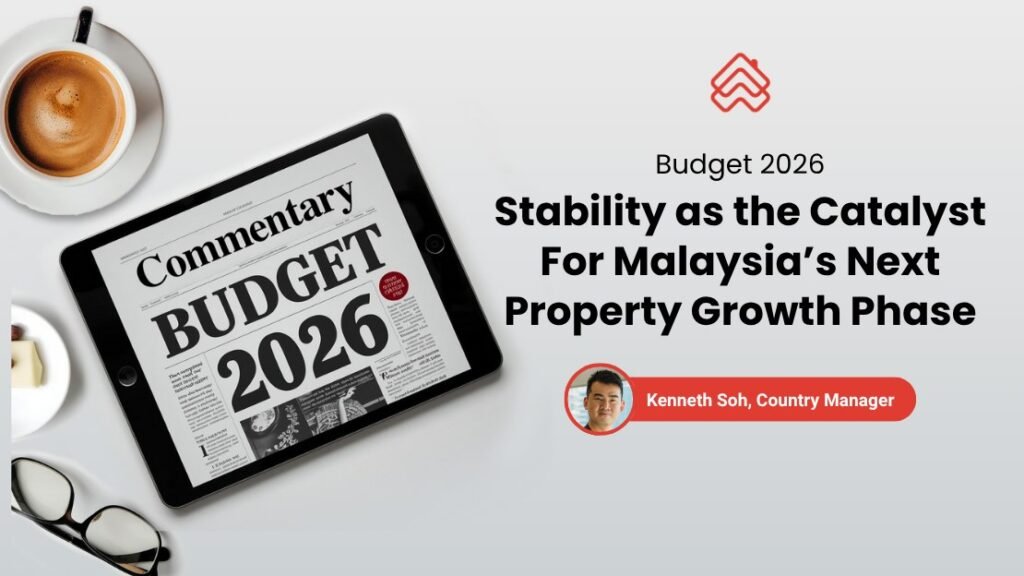 平板电脑屏幕显示"Commentary Budget 2026"报纸头版，旁边摆放咖啡杯和眼镜，图片右侧标注文章标题"Stability as the Catalyst For Malaysia's Next Property Growth Phase"及作者Kenneth Soh（Country Manager）头像，顶部带有PropertyGuru品牌标志
