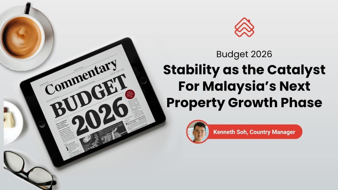 平板电脑屏幕显示"Commentary Budget 2026"报纸头版，旁边摆放咖啡杯和眼镜，图片右侧标注文章标题"Stability as the Catalyst For Malaysia's Next Property Growth Phase"及作者Kenneth Soh（Country Manager）头像，顶部带有PropertyGuru品牌标志